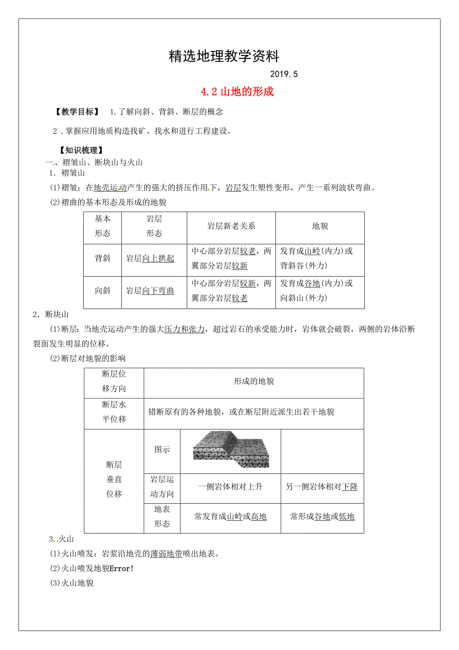 【精选】河南省确山县第二高级中学高考地理一轮复习 第4章 第2节山地的形成教学案新人教版必修1_第1页