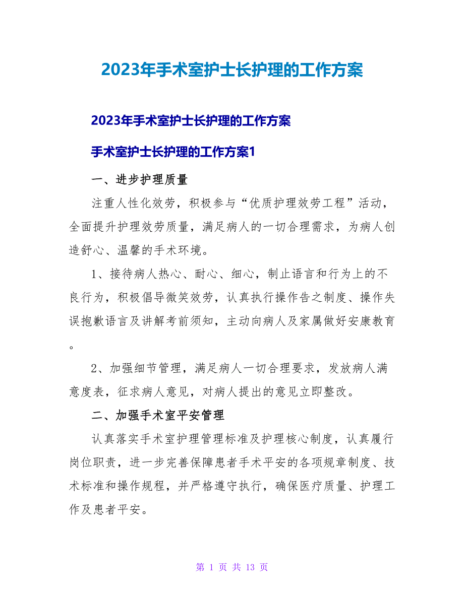 2023年手术室护士长护理的工作计划.doc_第1页