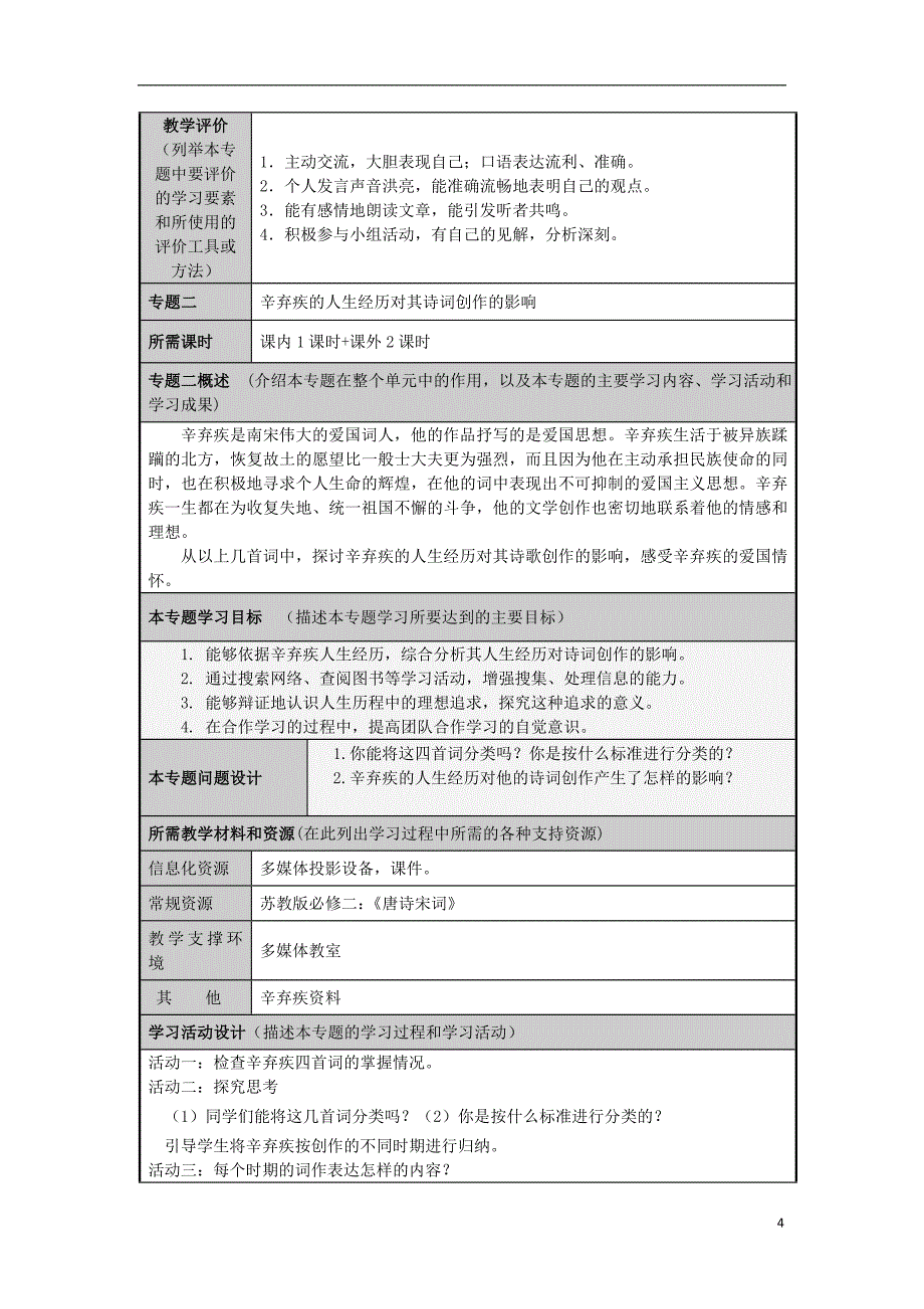 山东省滕州市高中高二语文 辛弃疾的爱国情怀主题单元设计_第4页