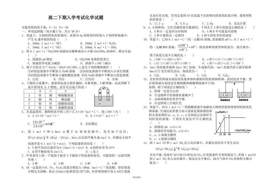 高二下期入学考试化学试题Word版_第1页