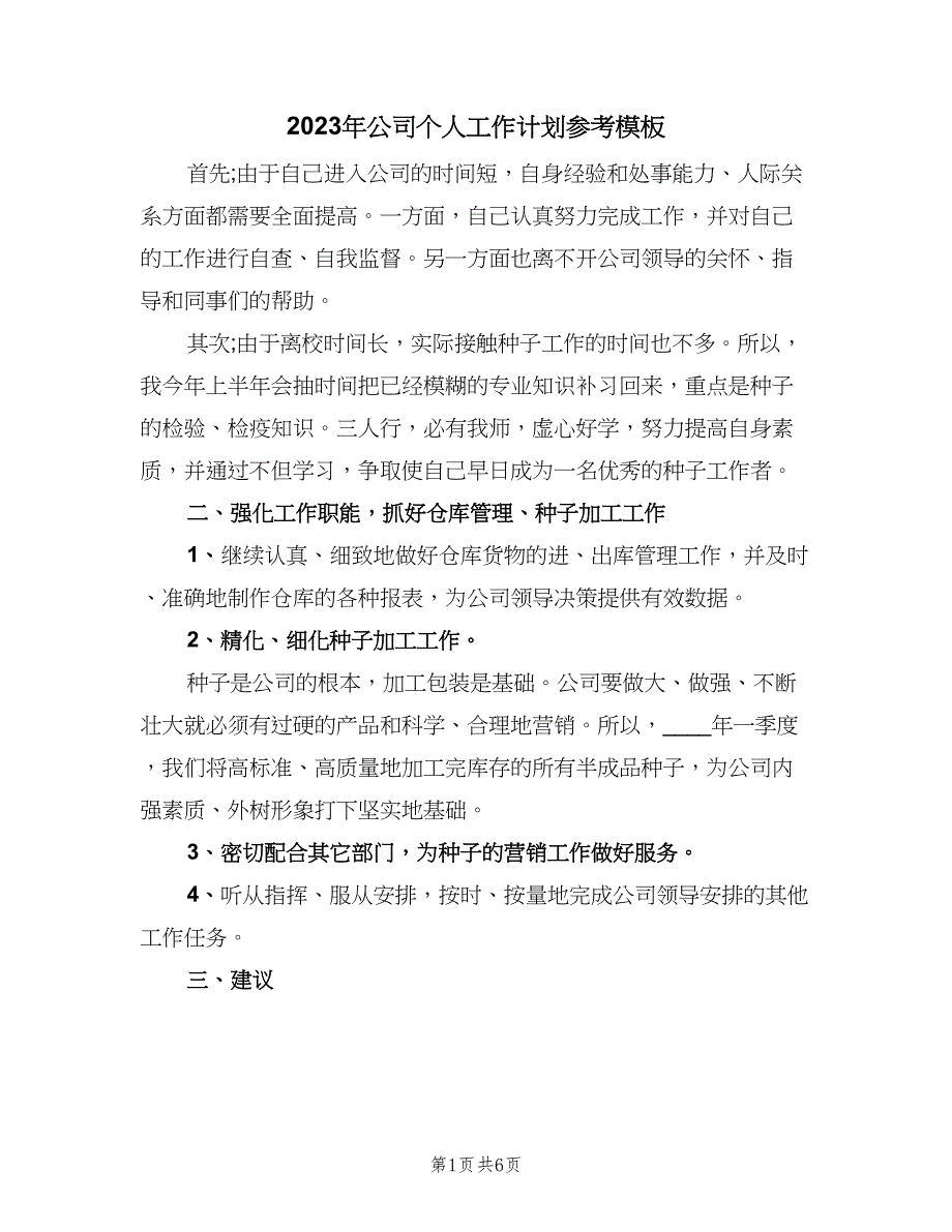 2023年公司个人工作计划参考模板（二篇）.doc_第1页