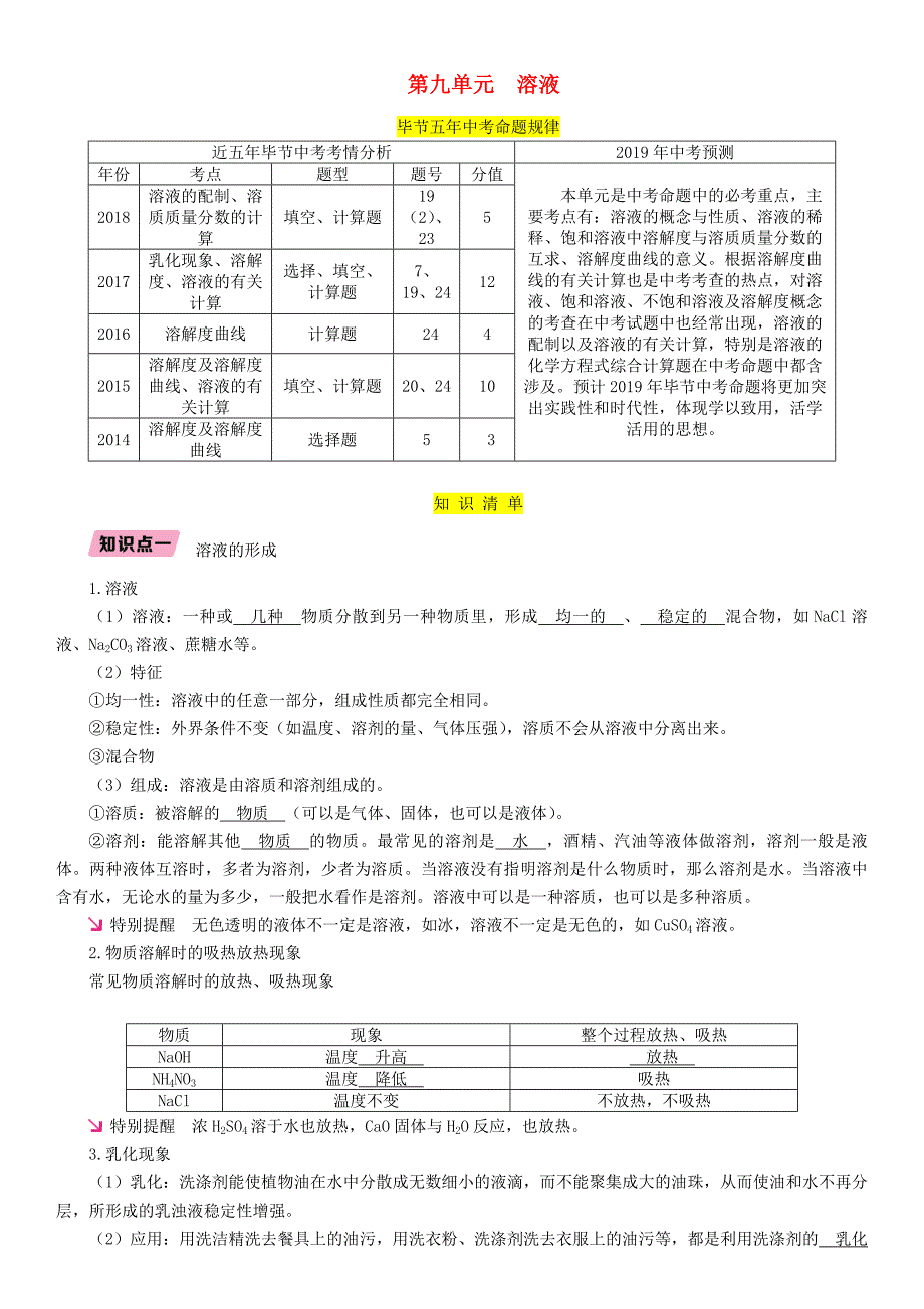 毕节地区2019年中考化学总复习第1编教材知识梳理篇第9单元溶液精讲练习_第1页