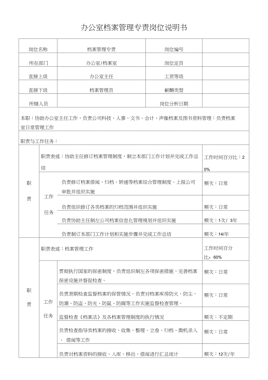 电力办公室档案管理专责岗位说明书_第1页