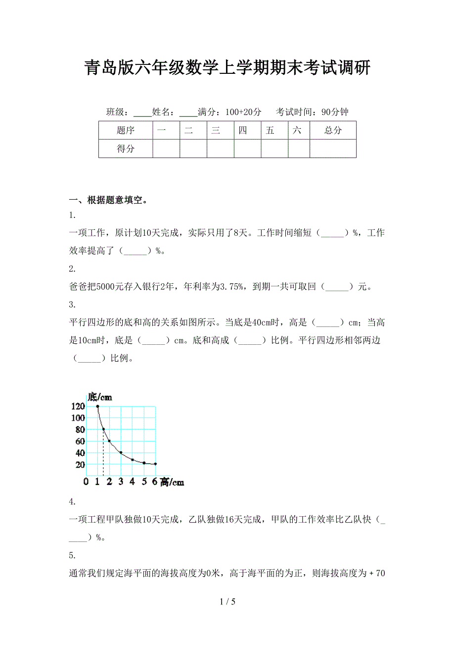 青岛版六年级数学上学期期末考试调研_第1页