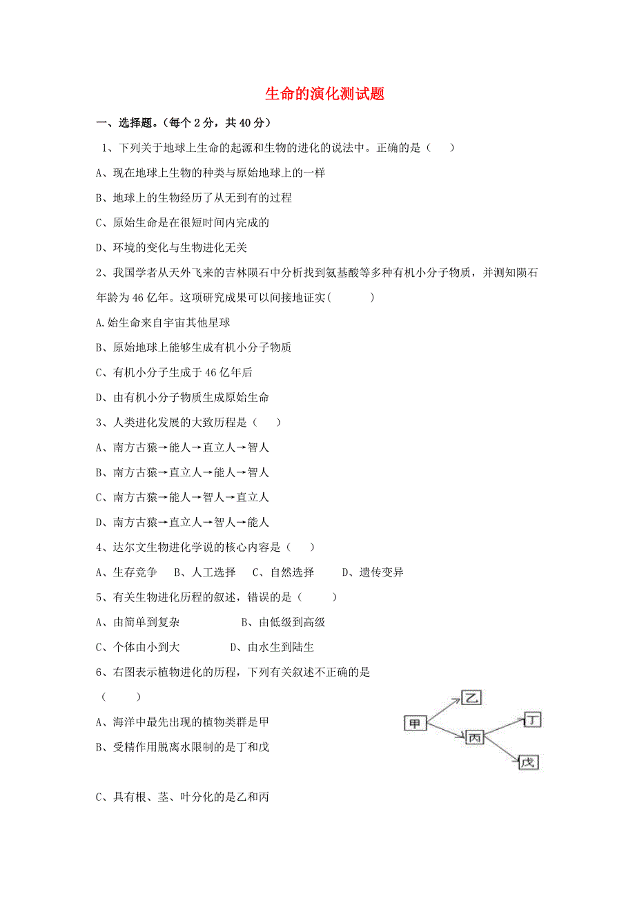 2011年中考生物一轮复习同步练习 生命的演化 济南版_第1页