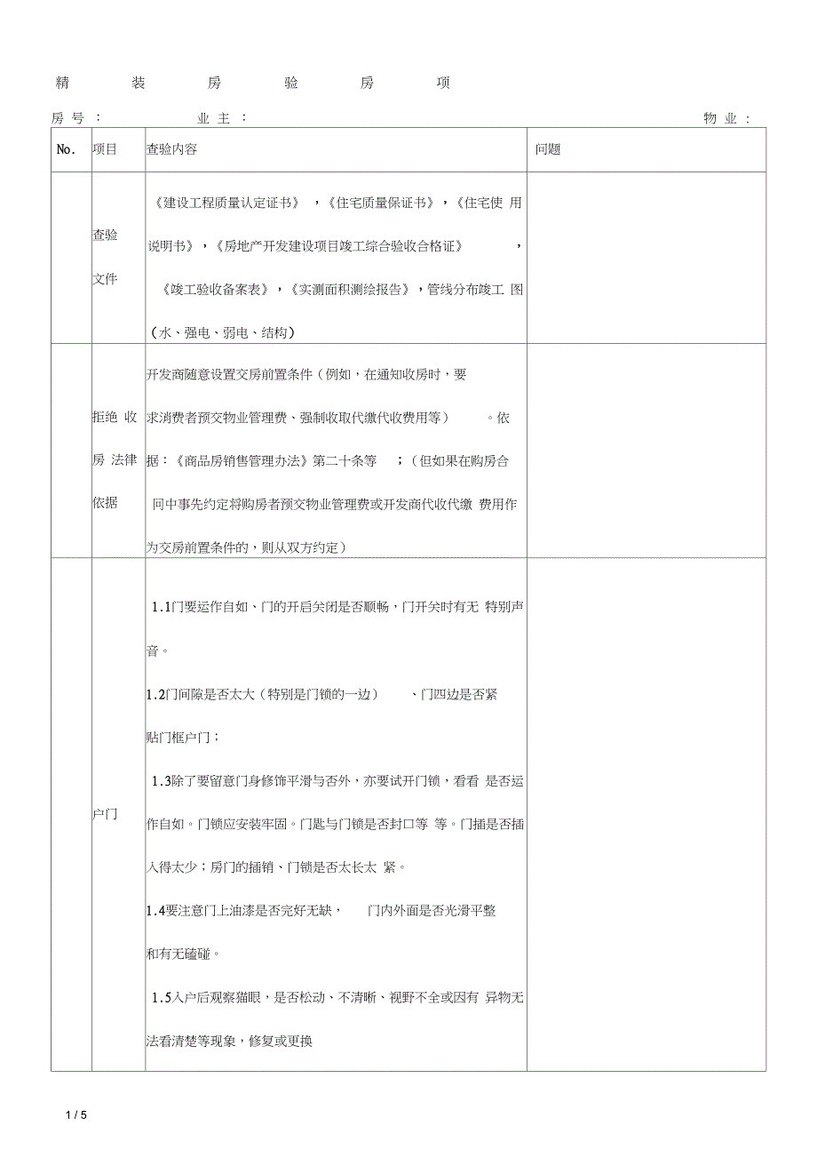 (完整word版)精装房验房项目一览表(word文档良心出品)_第1页