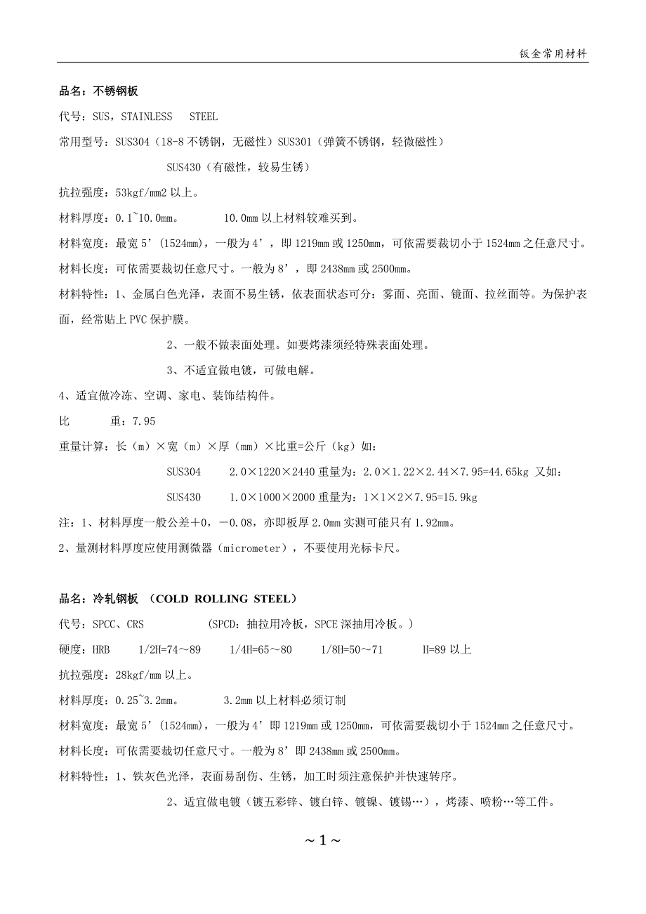 钣金常用材料.doc_第1页