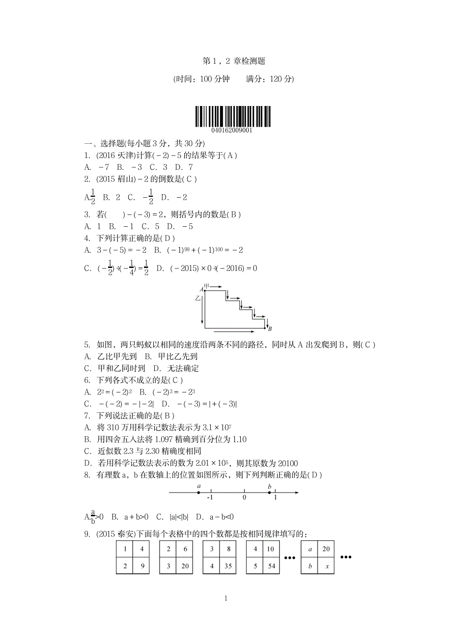 2023年华师大版七年级数学上册第1,2章检测题_第1页