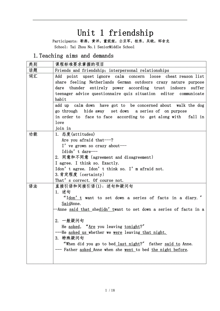 Unit1-friendship全单元教（学）案_第1页