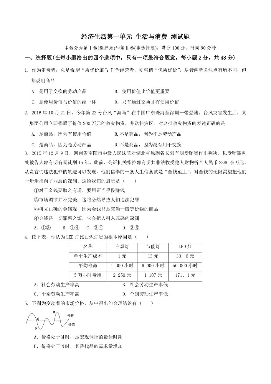 【整合】高中政治人教版必修一《经济生活》-第一单元+生活与消费+单元测试1.doc_第1页