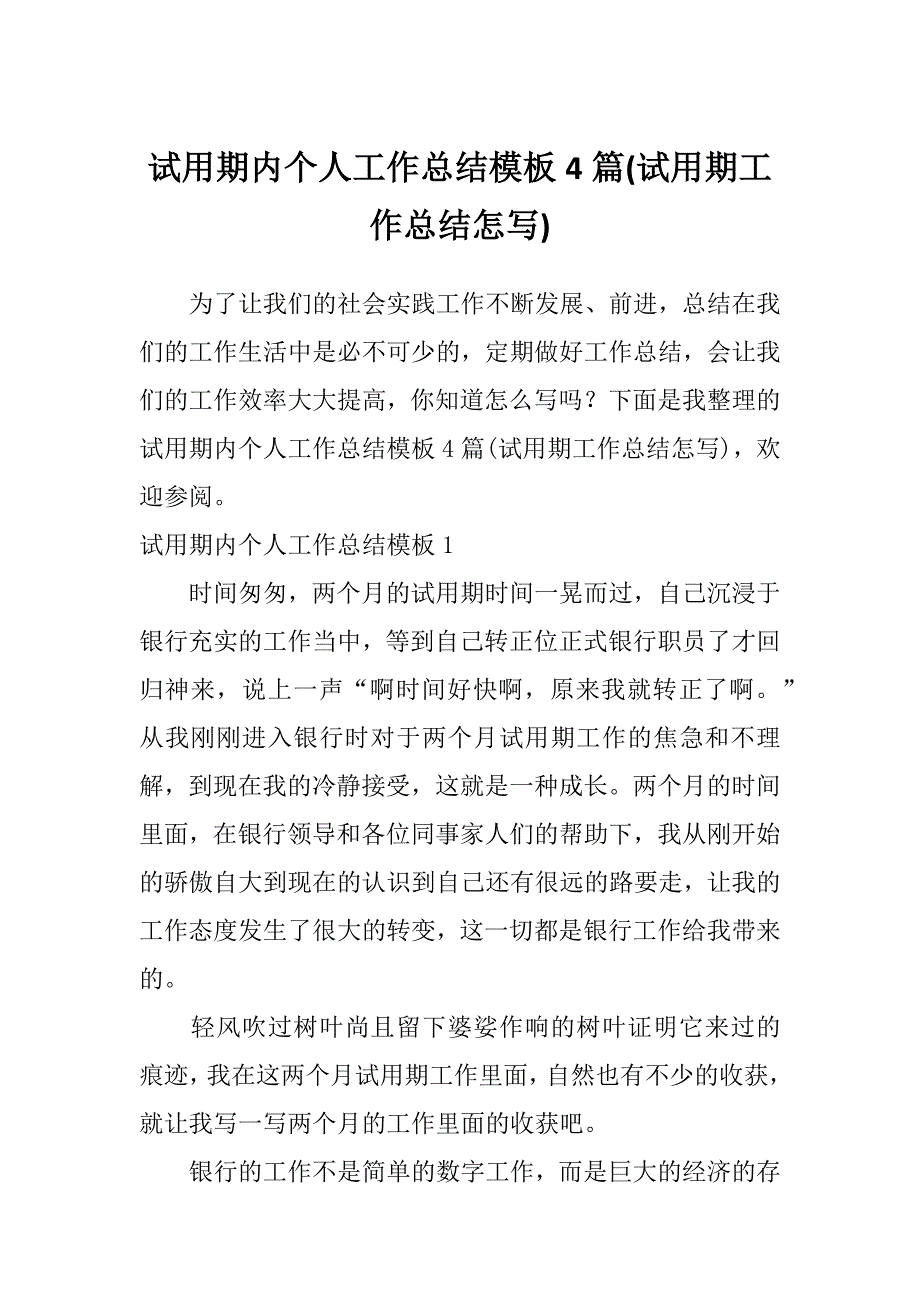 试用期内个人工作总结模板4篇(试用期工作总结怎写)_第1页