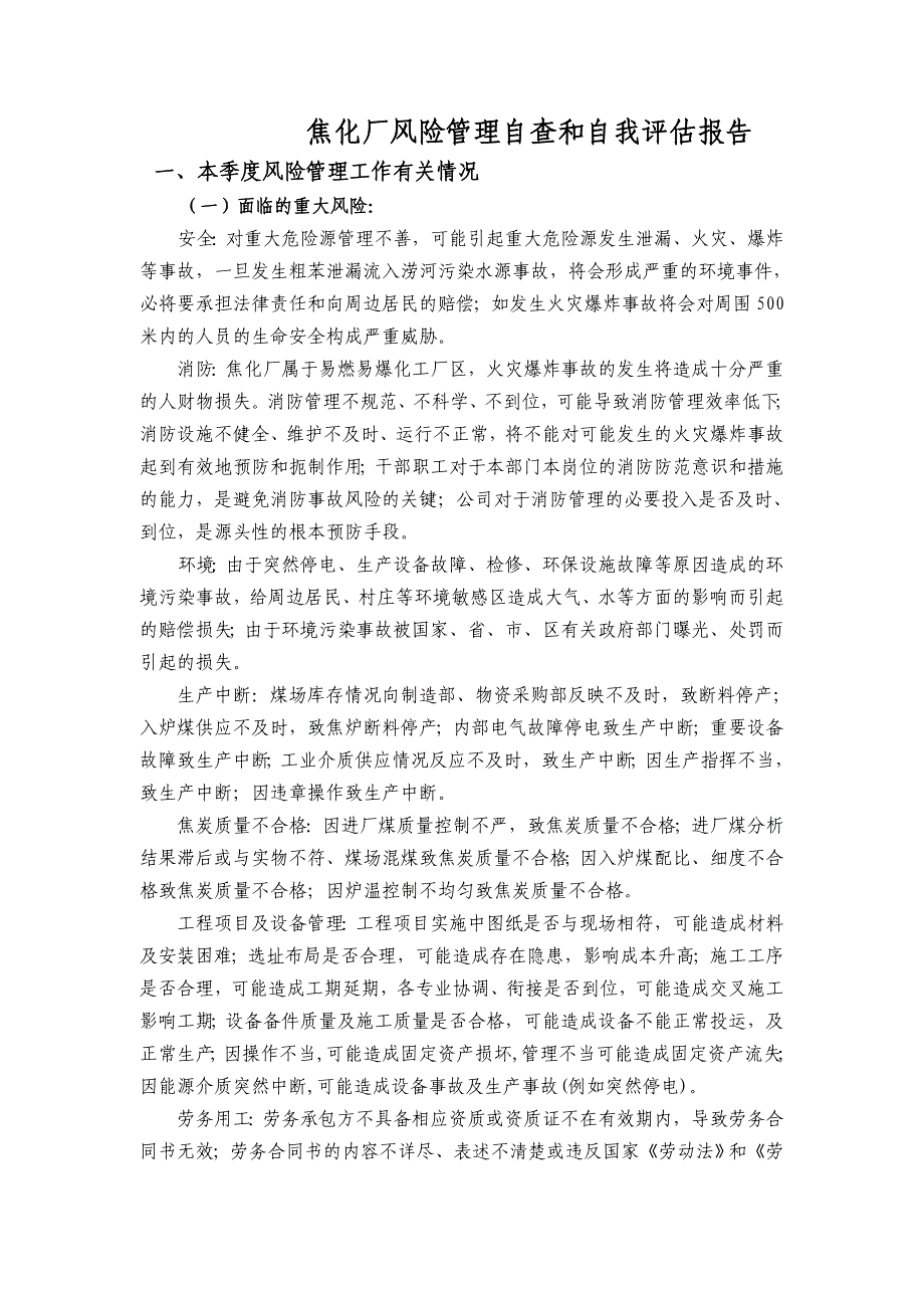 焦化厂风险管理自查和自我评估_第1页