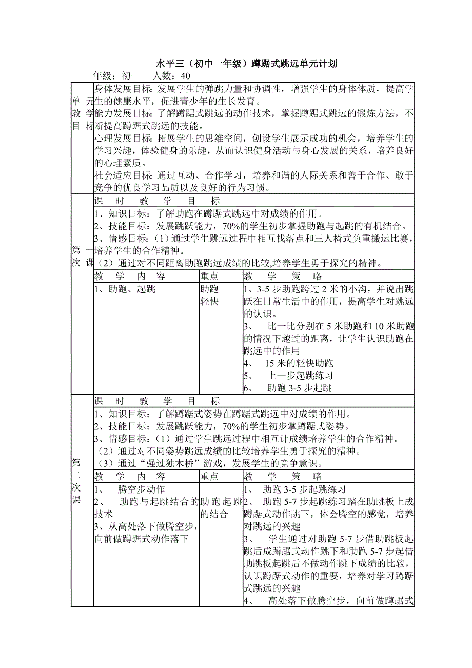 水平三（初中一年级）蹲踞式跳远单元计划_第1页