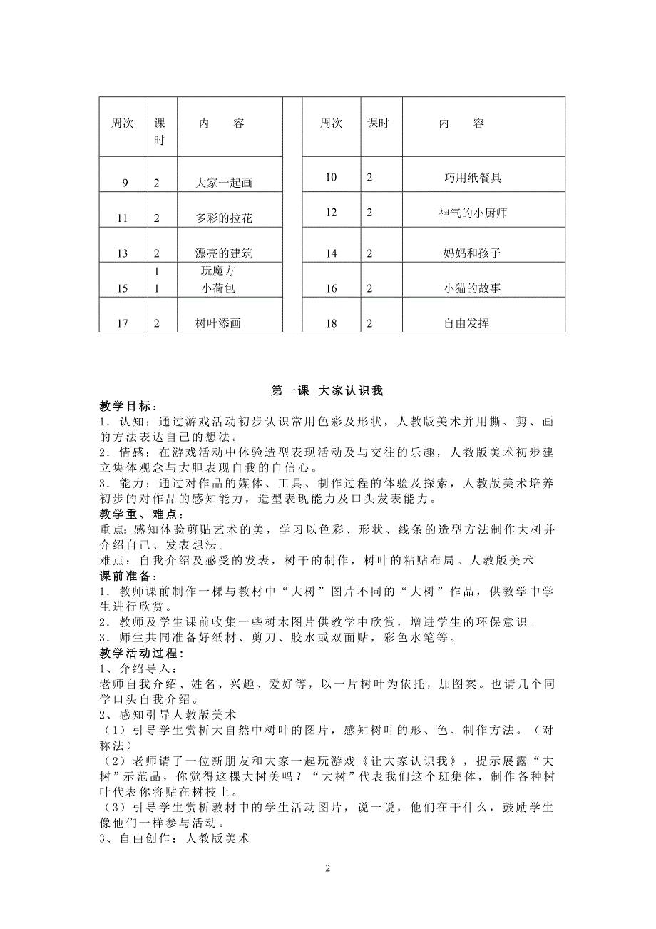 小学美术一年级上册教学计划.doc_第2页