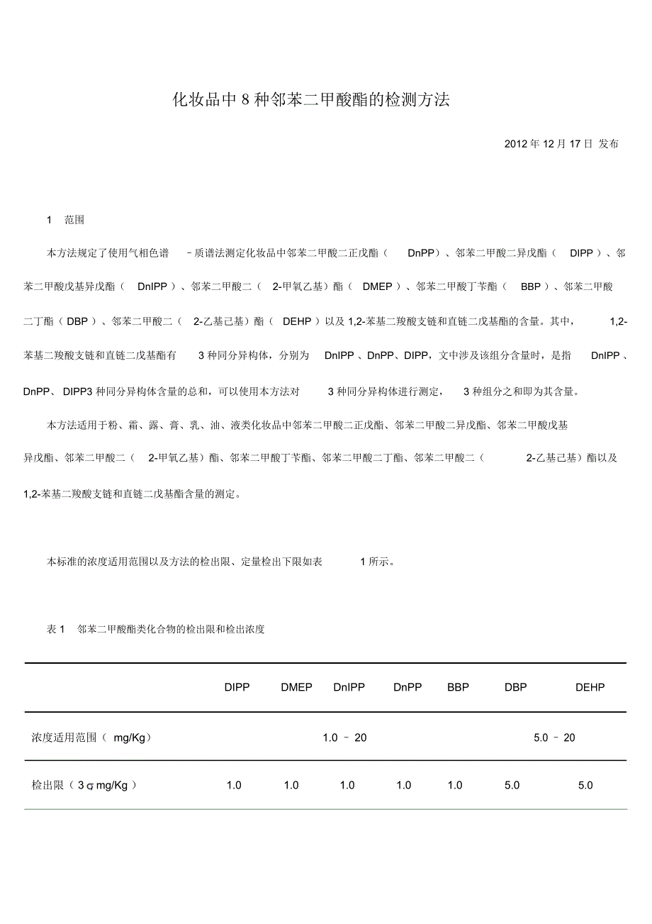 化妆品中8种邻苯二甲酸酯的检测方法_第1页