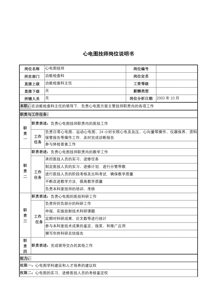 湖北新华医院功能检查科心电图技师岗位说明书_第1页