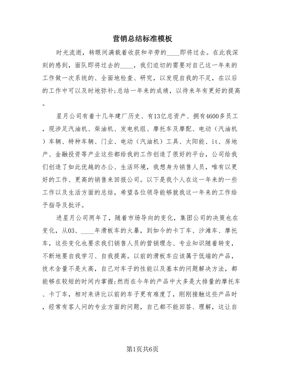 营销总结标准模板（2篇）.doc_第1页