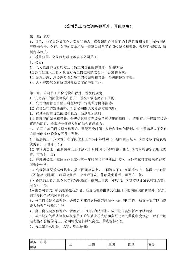 公司员工岗位调换和晋升、晋级制度