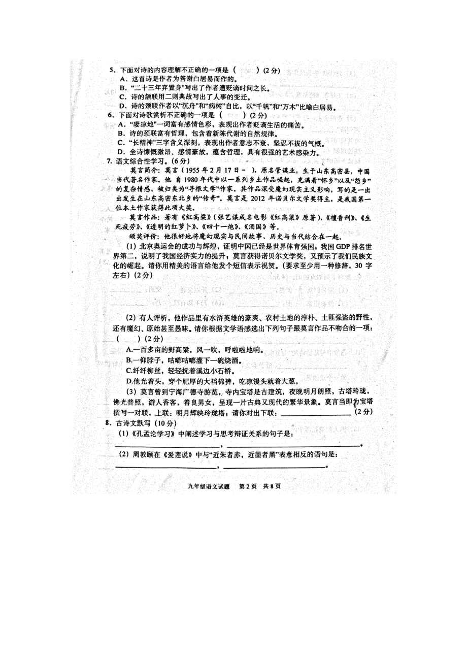 北师大版九年级语文中考试卷模拟_第2页