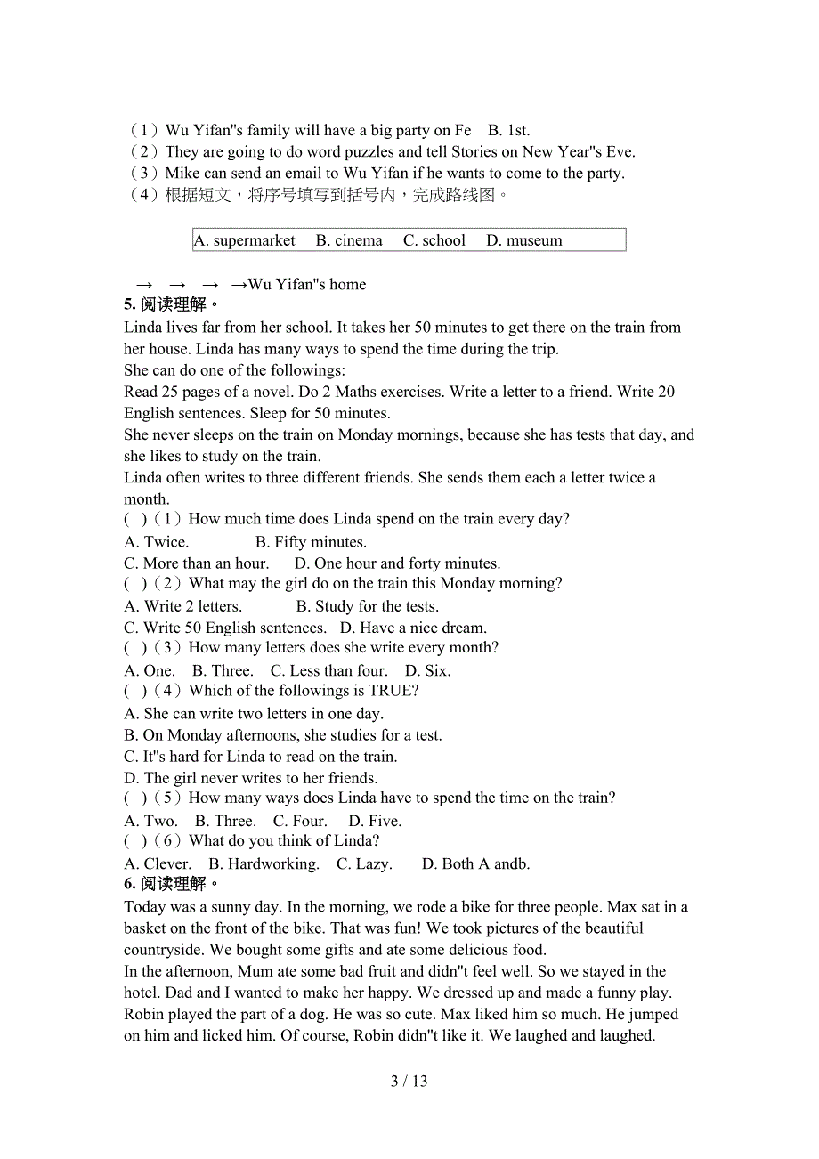 六年级湘少版英语下册阅读理解摸底专项练习题_第3页