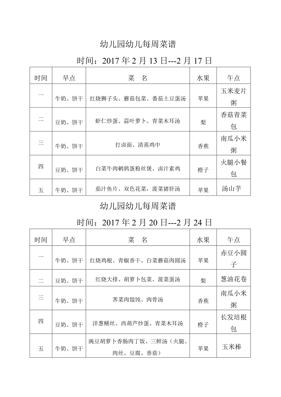 幼儿园每周菜谱_第1页