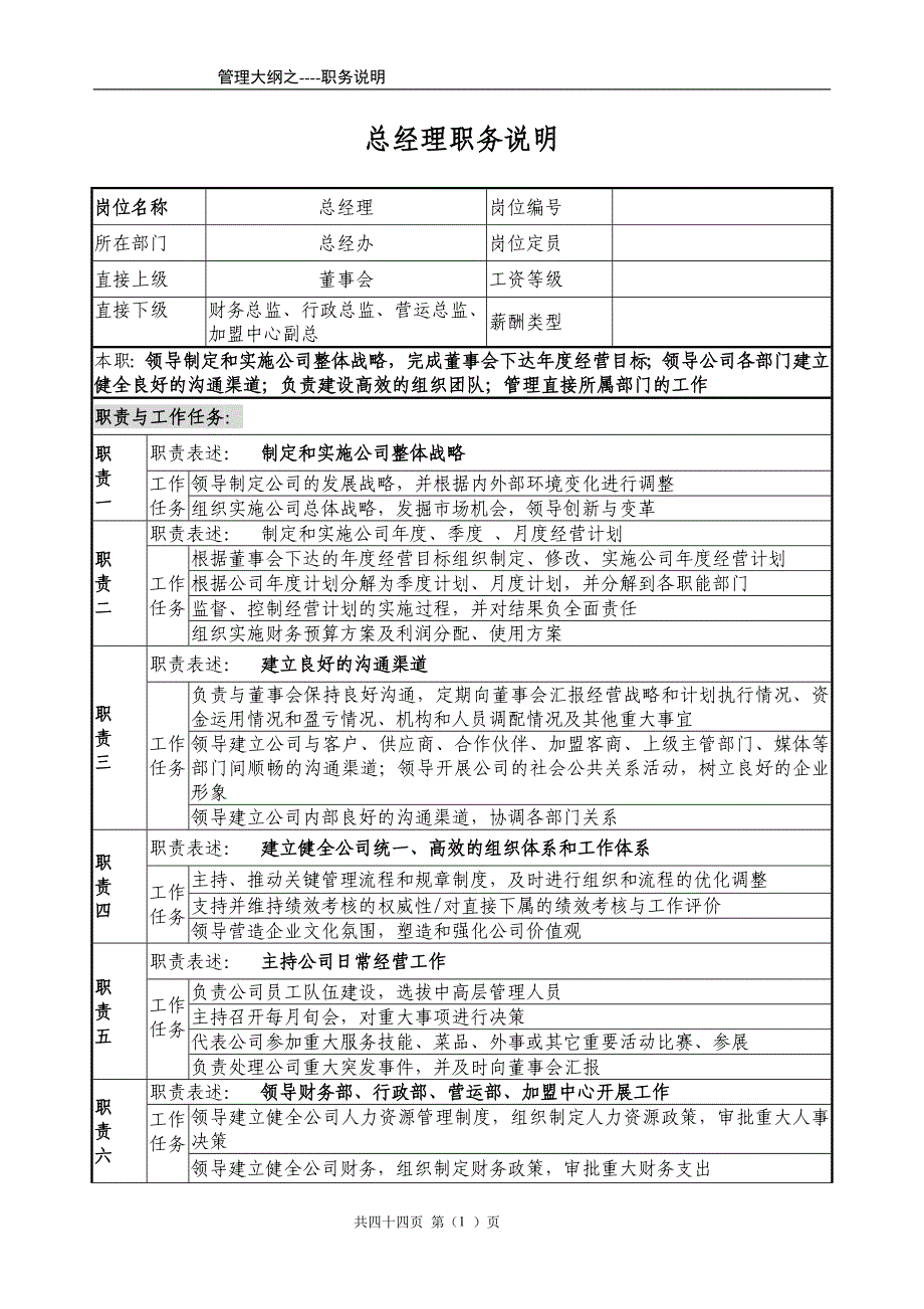 餐饮加盟连锁业各岗位职务说明_第1页