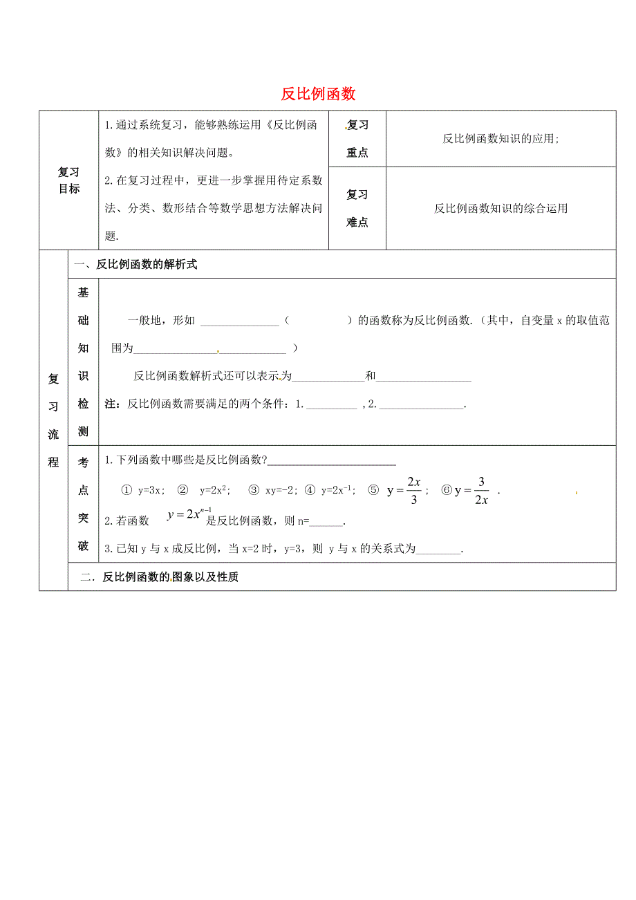 九年级数学下册第26章反比例函数复习导学案无答案新版新人教版新版新人教版初中九年级下册数学学案_第1页