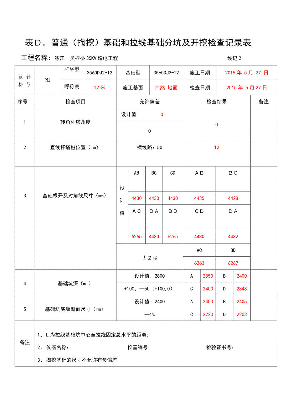 普通基础和拉线基础分坑及开挖检查记录表_第1页