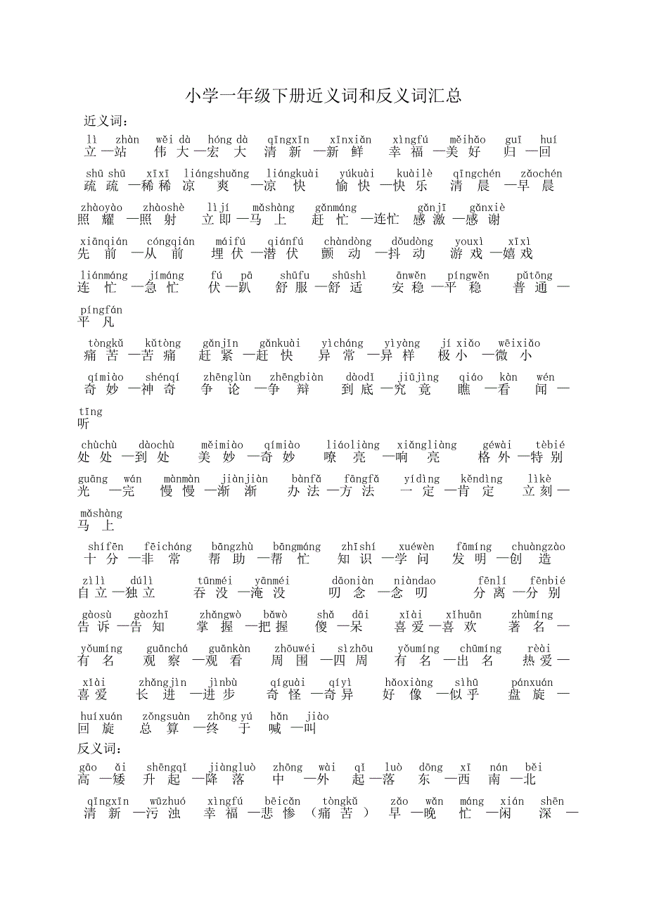 小学一年级下册近义词和反义词汇总_第1页