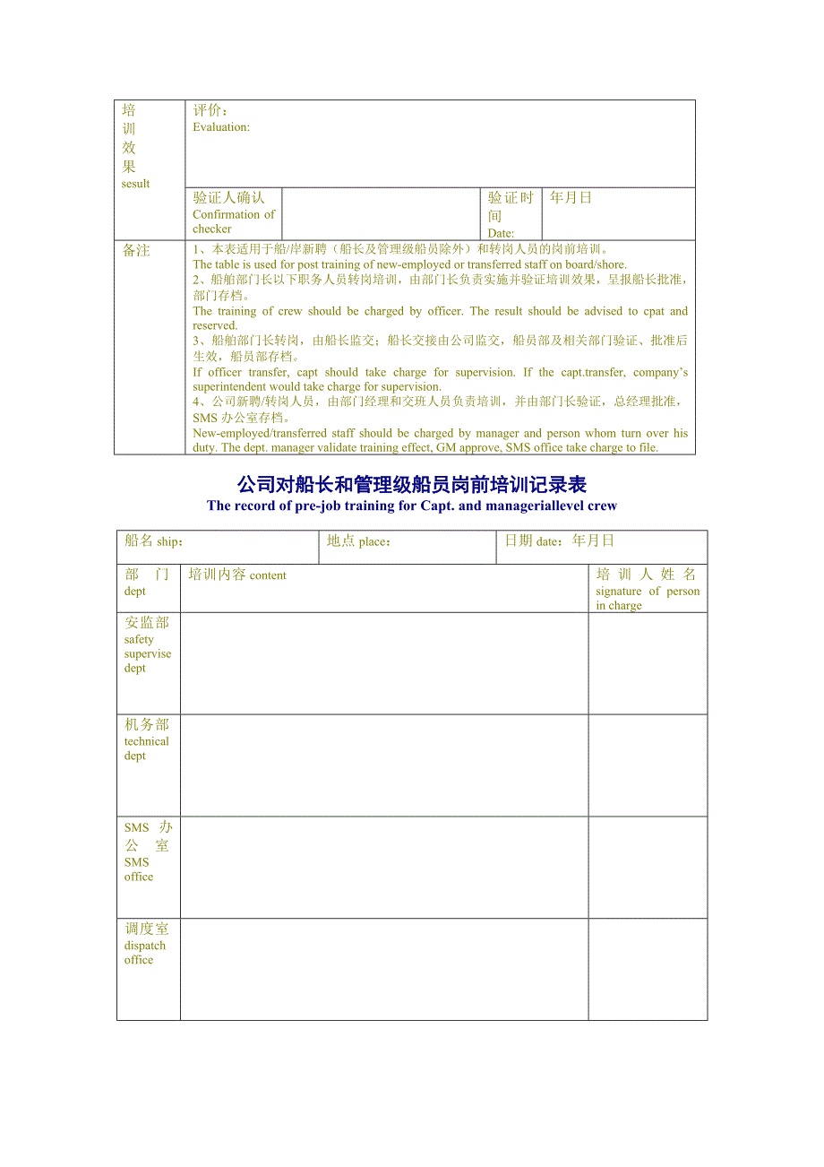 船岸人员培训记录表-船岸新聘转岗人员岗前培训记录-公司对船长和管理级船员岗前培训记录表_第3页