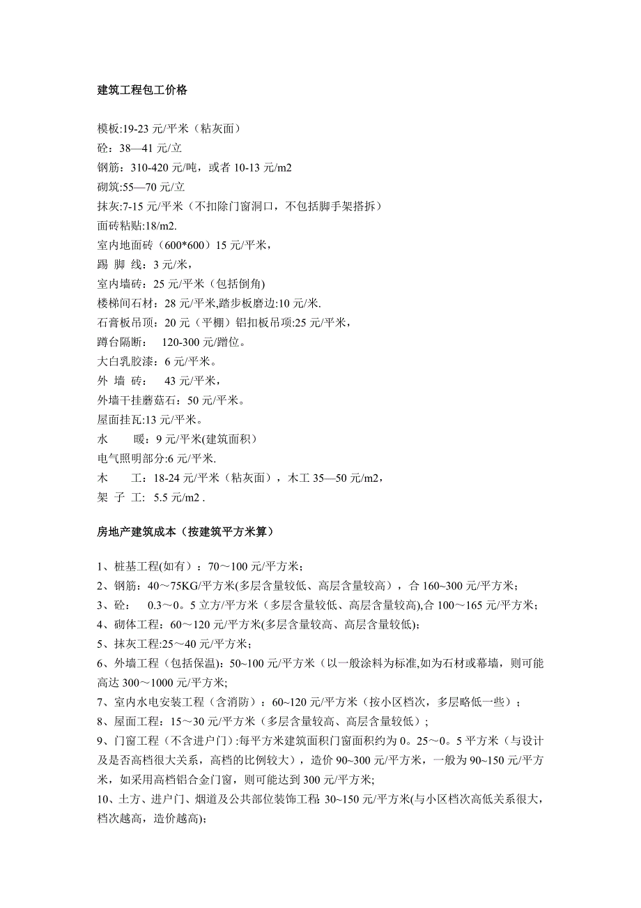 房地产建筑成本及大清包价格_第1页