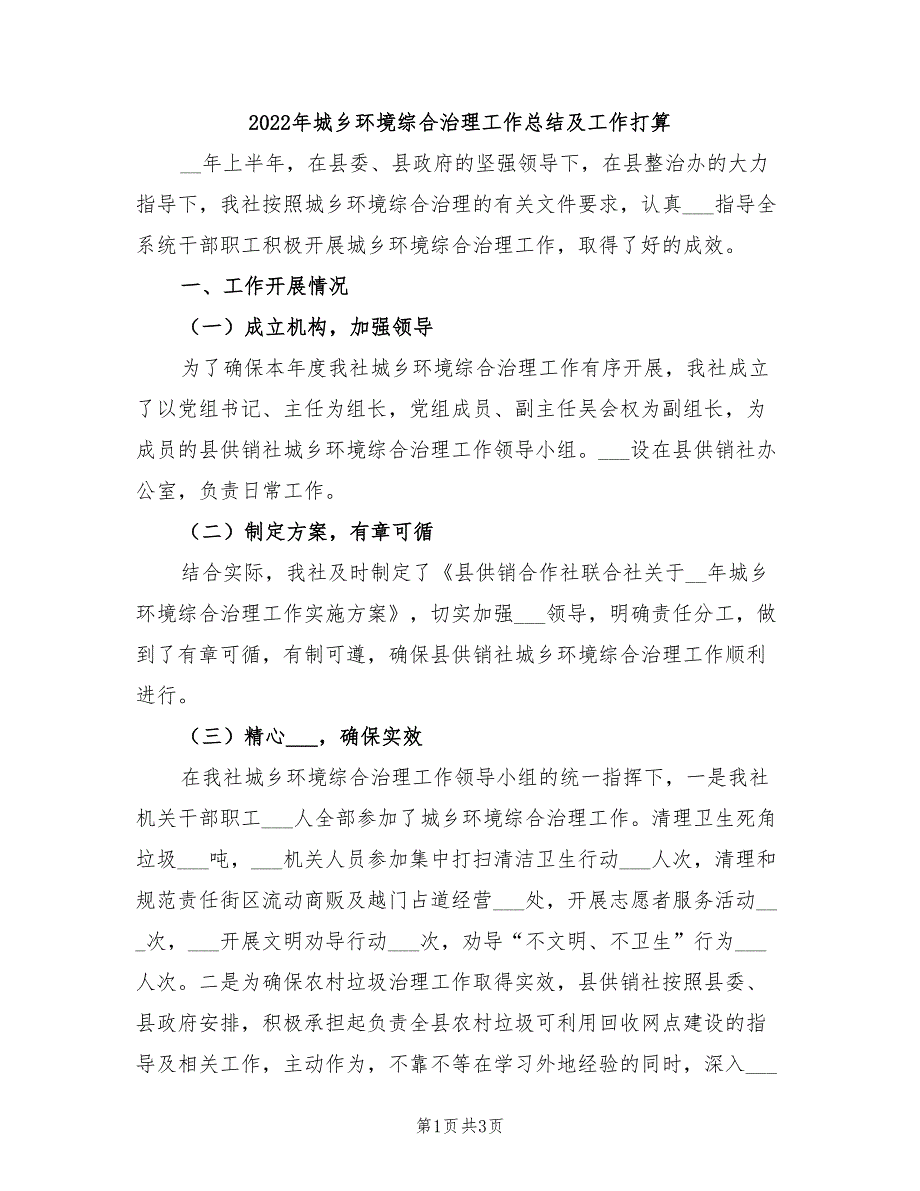 2022年城乡环境综合治理工作总结及工作打算_第1页