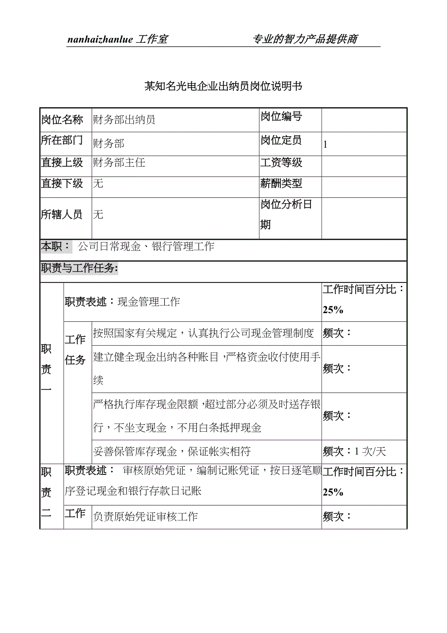 某知名光电企业出纳员岗位说明书._第1页