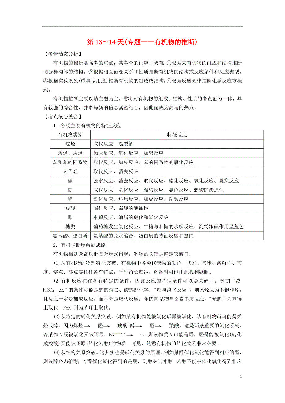 高二化学寒假作业 第13～14天专题有机物的推断_第1页