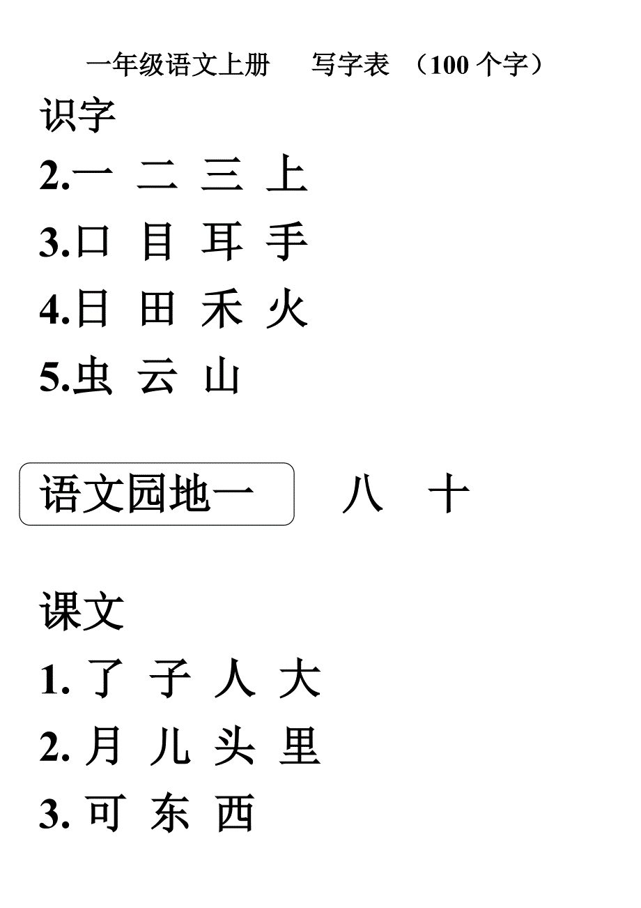 一年级语文上册写字表100字_第1页