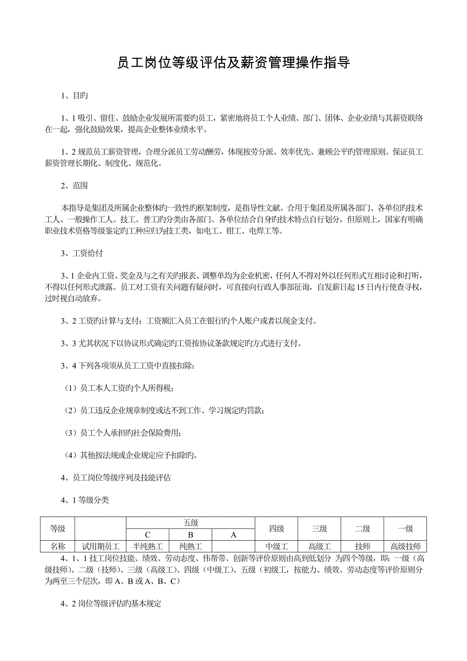 员工岗位等级评定及薪资管理操作指引_第1页