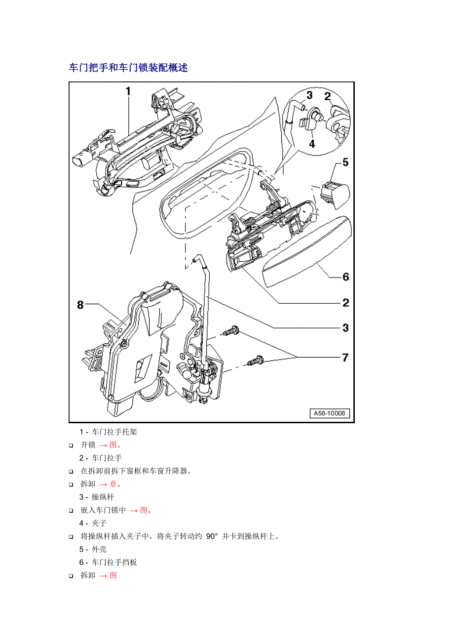新奥迪A6L C6维修资料：车门把手和车门锁装配概述_第1页