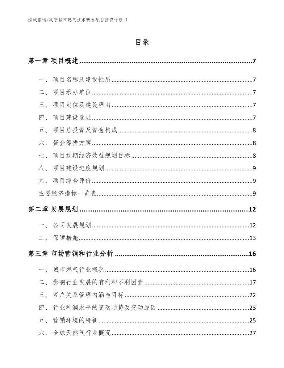 咸宁城市燃气技术研发项目投资计划书_范文_第1页