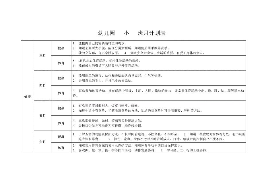幼儿园小班月计划表-