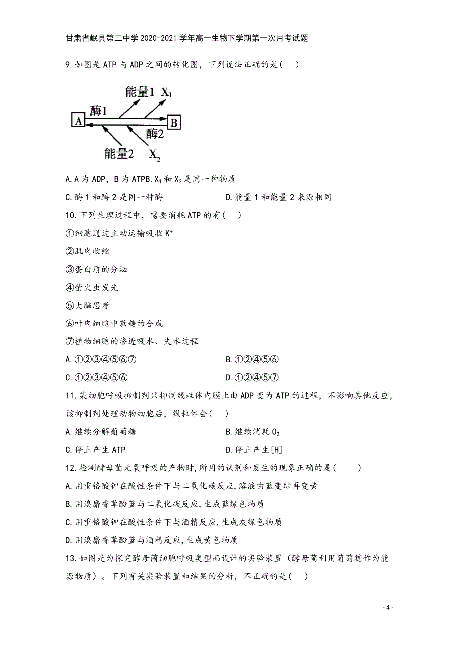 甘肃省岷县第二中学2020-2021学年高一生物下学期第一次月考试题.doc_第4页