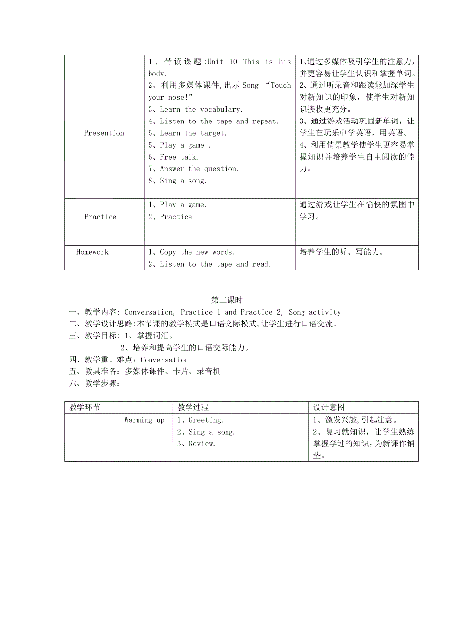 四年级英语上册 Unit 10 This is his body教案 广东版开心_第2页