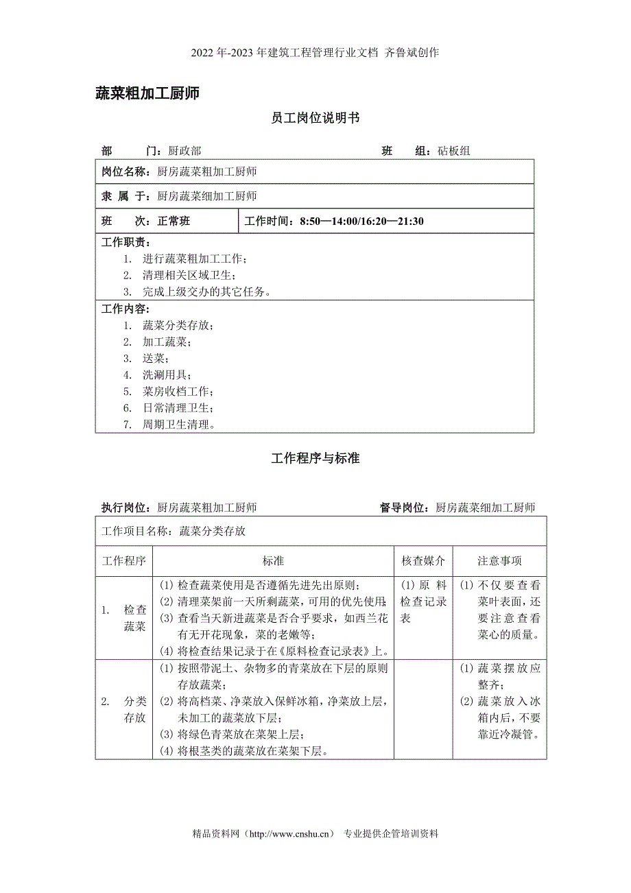 厨房蔬菜粗加工厨师岗位说明书17_第1页