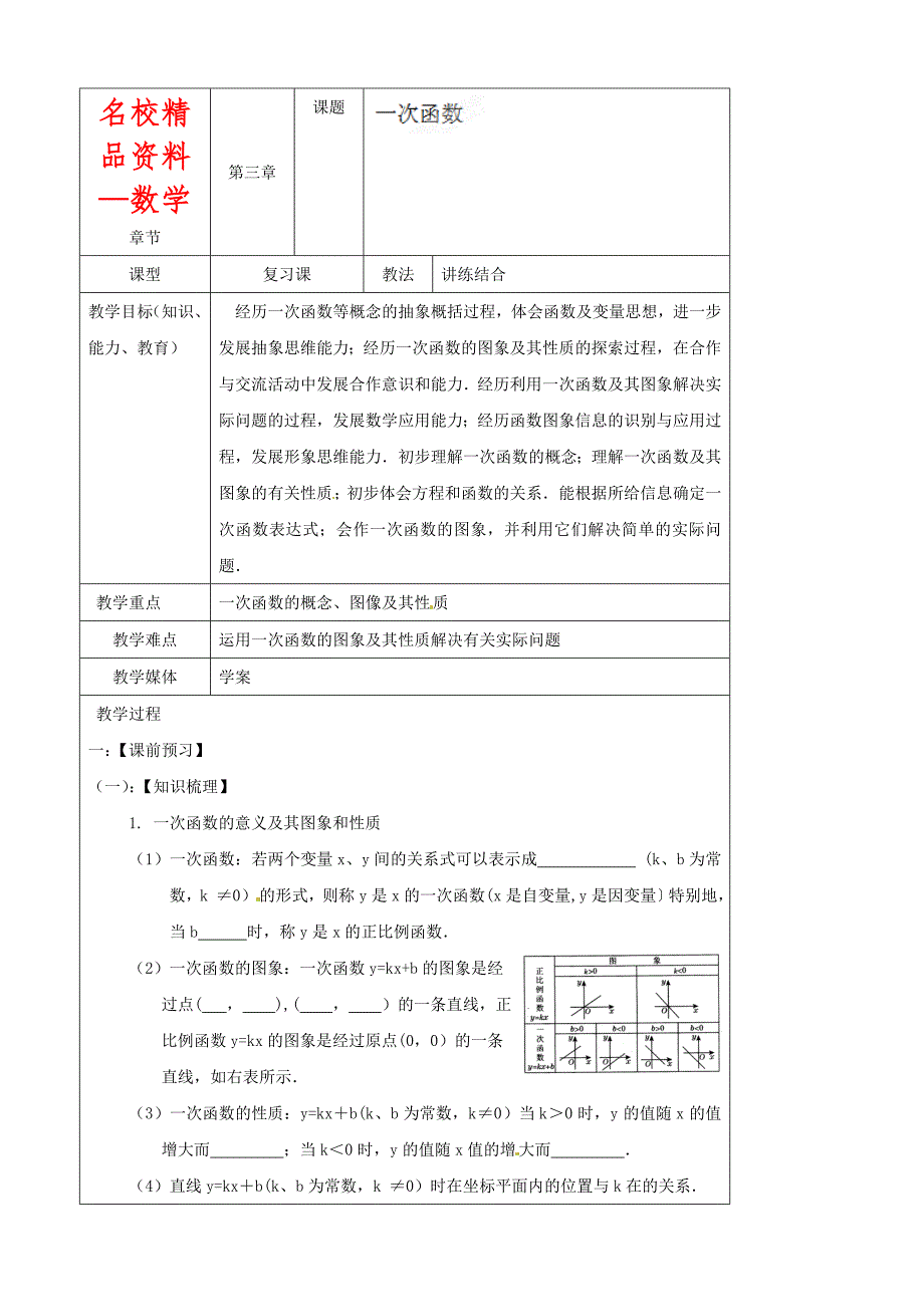 【名校精品】辽宁省丹东七中九年级数学中考复习3.2一次函数教案_第1页