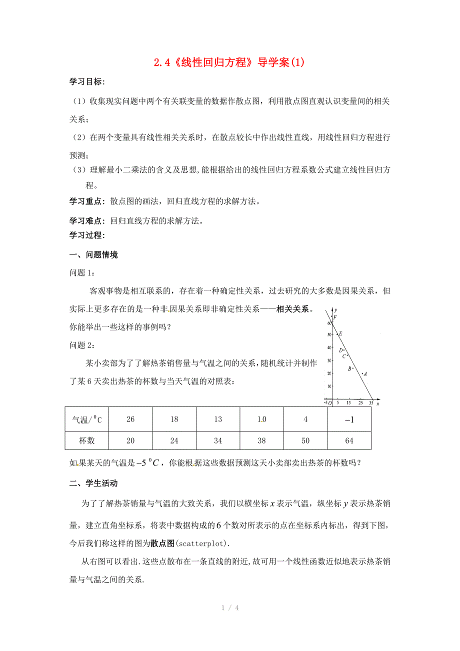 高中数学2.4线性回归方程导学案1苏教版必修_第1页