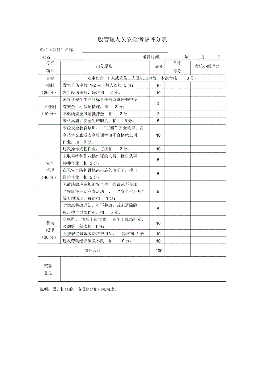 一般管理人员安全考核评分表_第1页