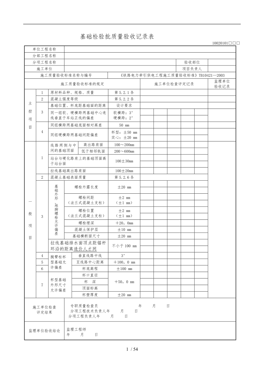 接触网检验批质量验收表格模板_第1页