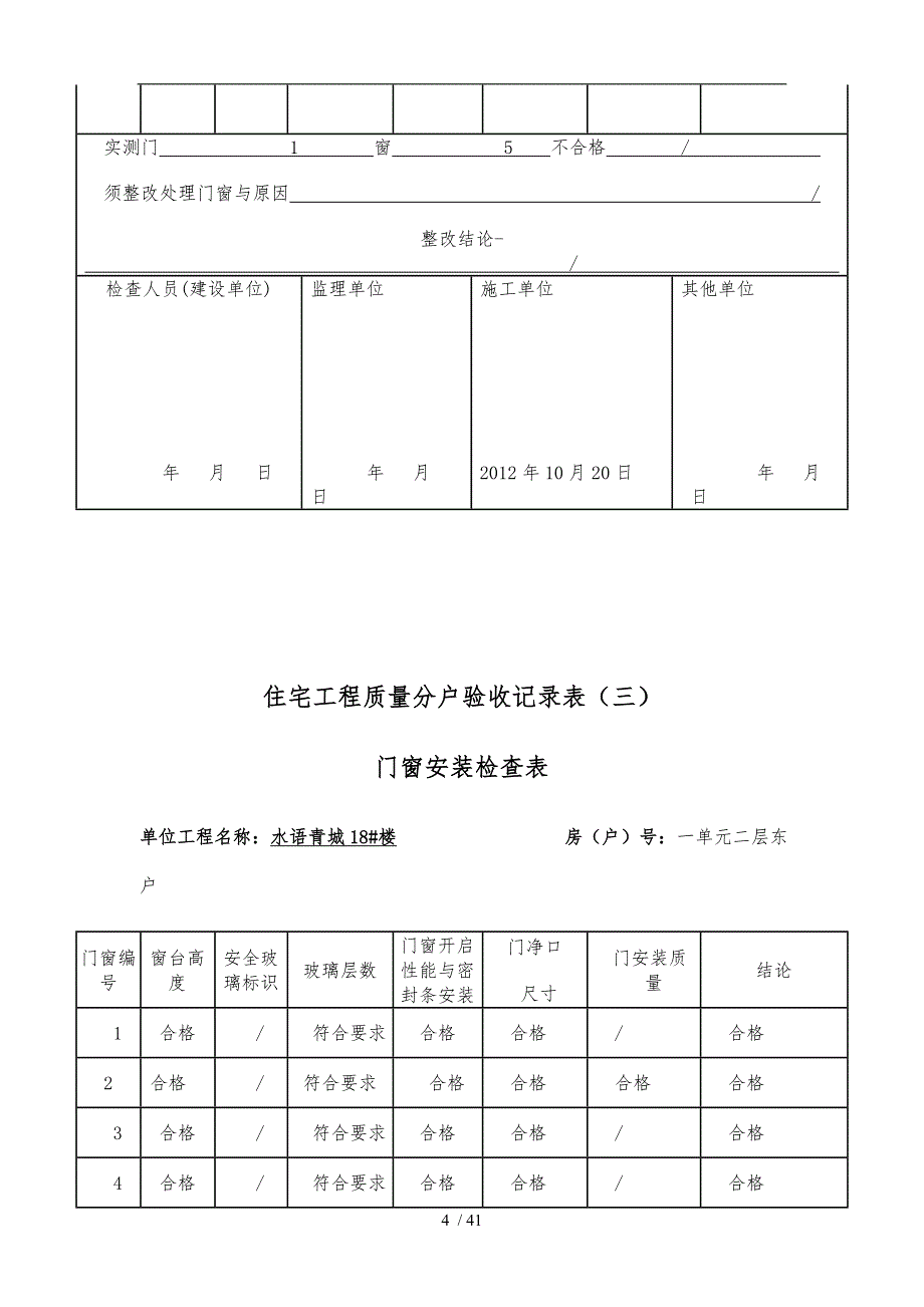 住宅工程质量分户验收记录表之门窗安装检查表_第4页