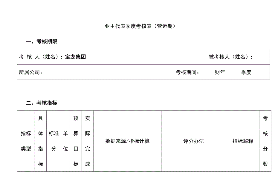 宝龙集团酒店业主代表季度考核表（营运期）_第1页