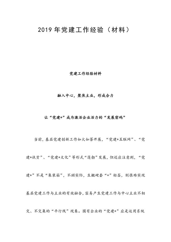 2019年党建工作经验（材料）