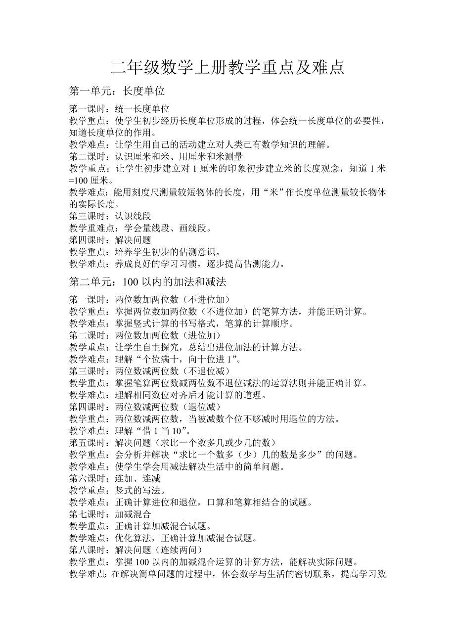 二年级数学上册教学重点及难点.doc_第1页